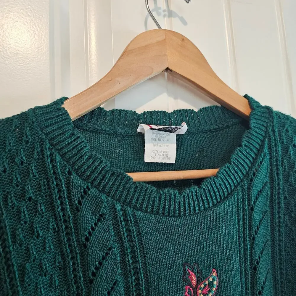 Vintage Floral Sweater Women Lg Green Paisley Knit Twee Preppy Cottage Neutral